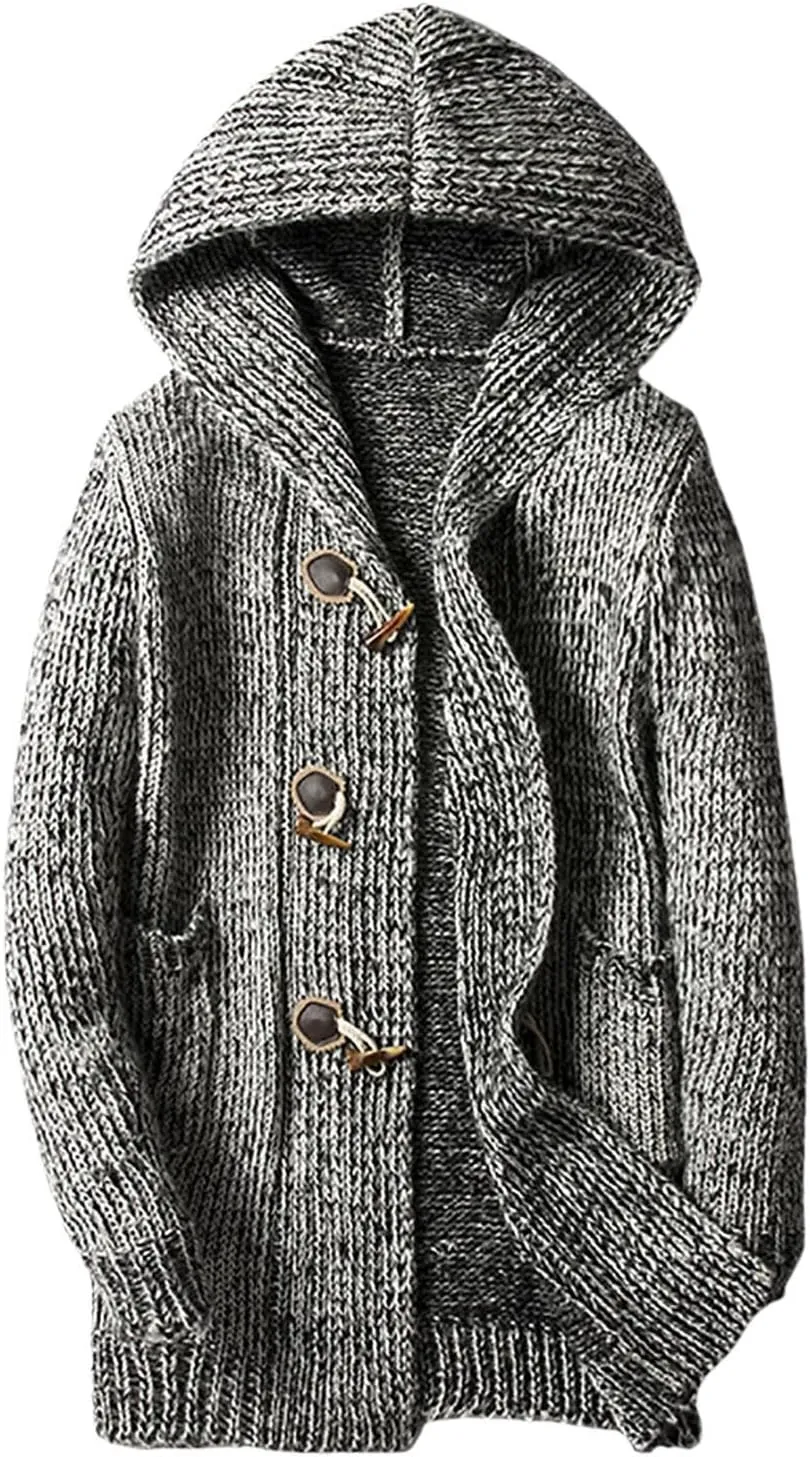 Men's Cardigan Sweater Long Sleeve Button Down Pullover Solid Color Ribbed Hooded Knitted Casual Loose with Pockets