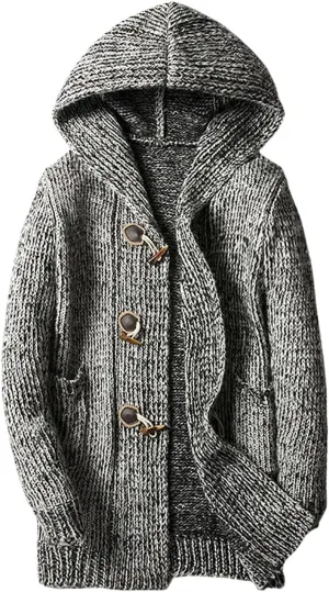 Men's Cardigan Sweater Long Sleeve Button Down Pullover Solid Color Ribbed Hooded Knitted Casual Loose with Pockets