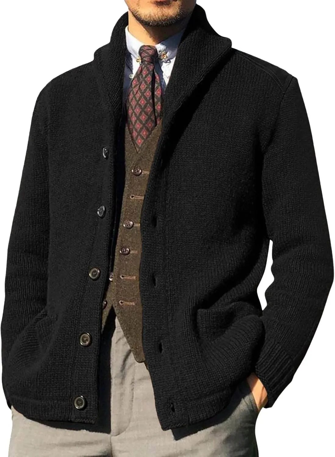 Men's Cardigan Sweater Long Sleeve Wool Blend Casual V Neck Button Down Knitted Sweater with Pockets