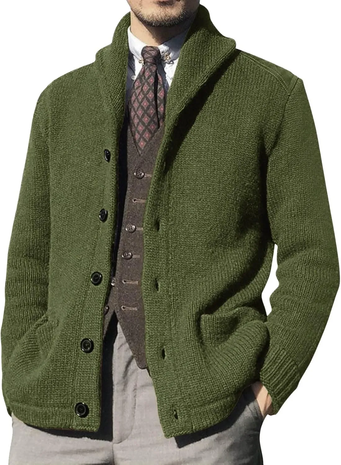 Men's Cardigan Sweater Long Sleeve Wool Blend Casual V Neck Button Down Knitted Sweater with Pockets