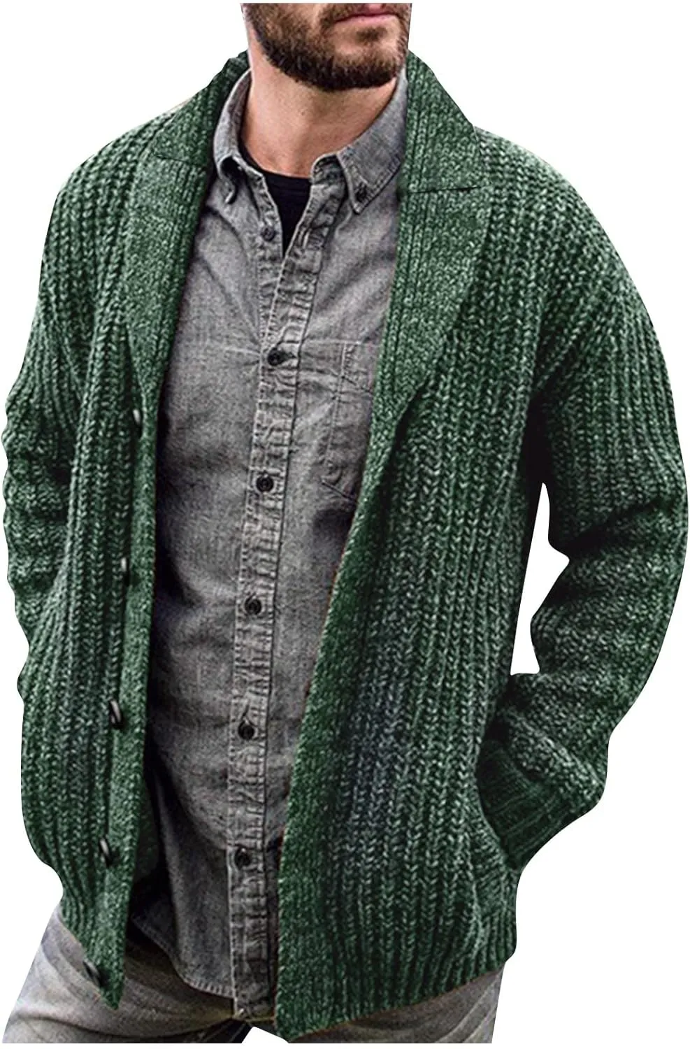 Mens Cardigan Sweater Stylish Casual Shawl Collar Cardigans Retro Cable Knitted Button Up Cardigan Sweaters