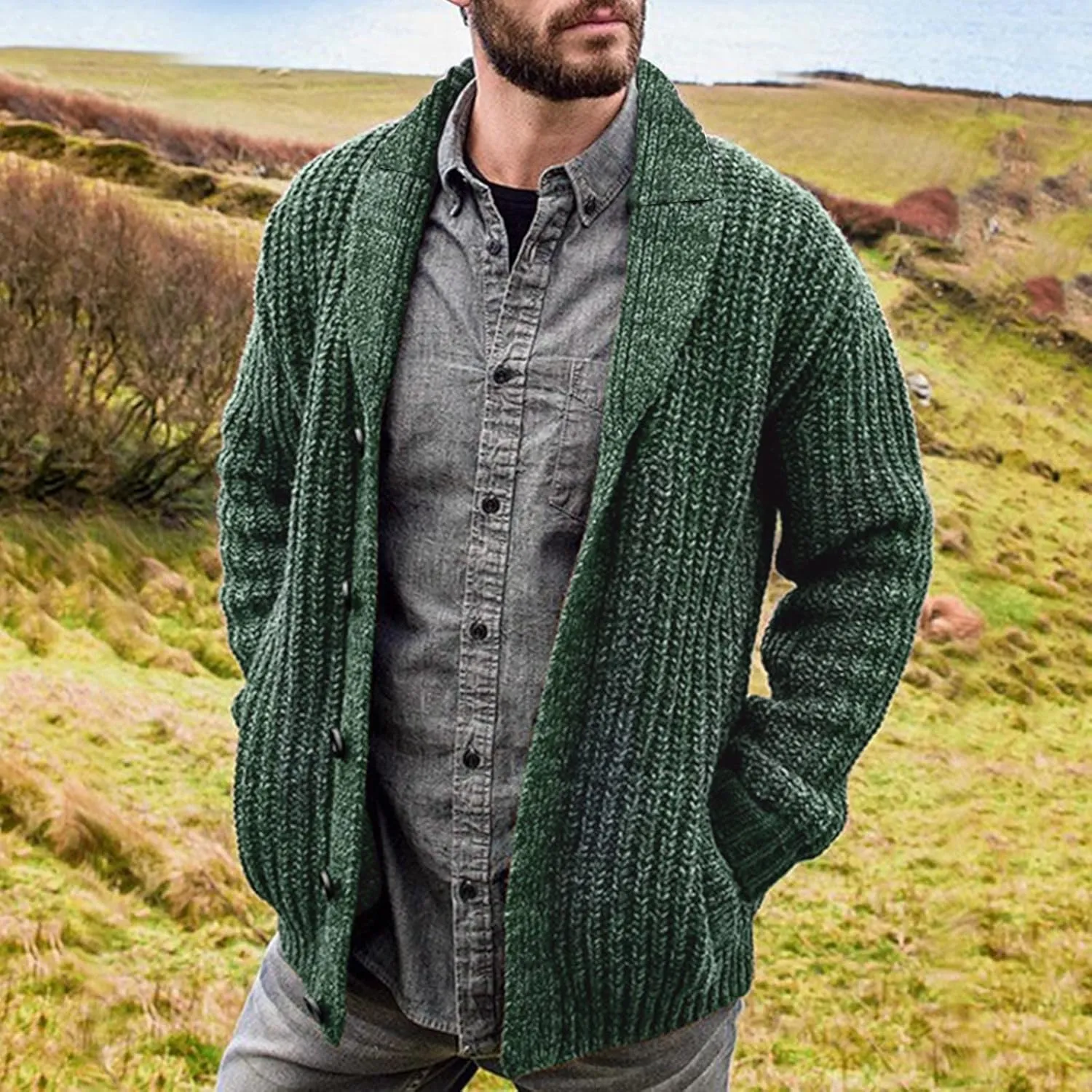 Mens Cardigan Sweater Stylish Casual Shawl Collar Cardigans Retro Cable Knitted Button Up Cardigan Sweaters
