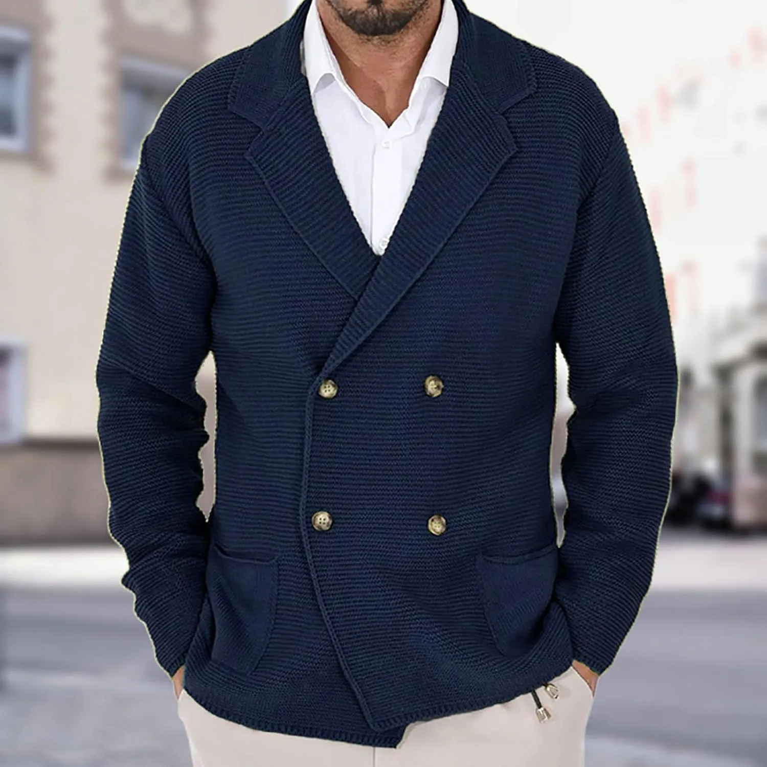 Men's Cardigan Sweaters with 4 Button Lightweight Casual V Neck Long Sleeve Slim Fit Knitted Sweater with Pockets
