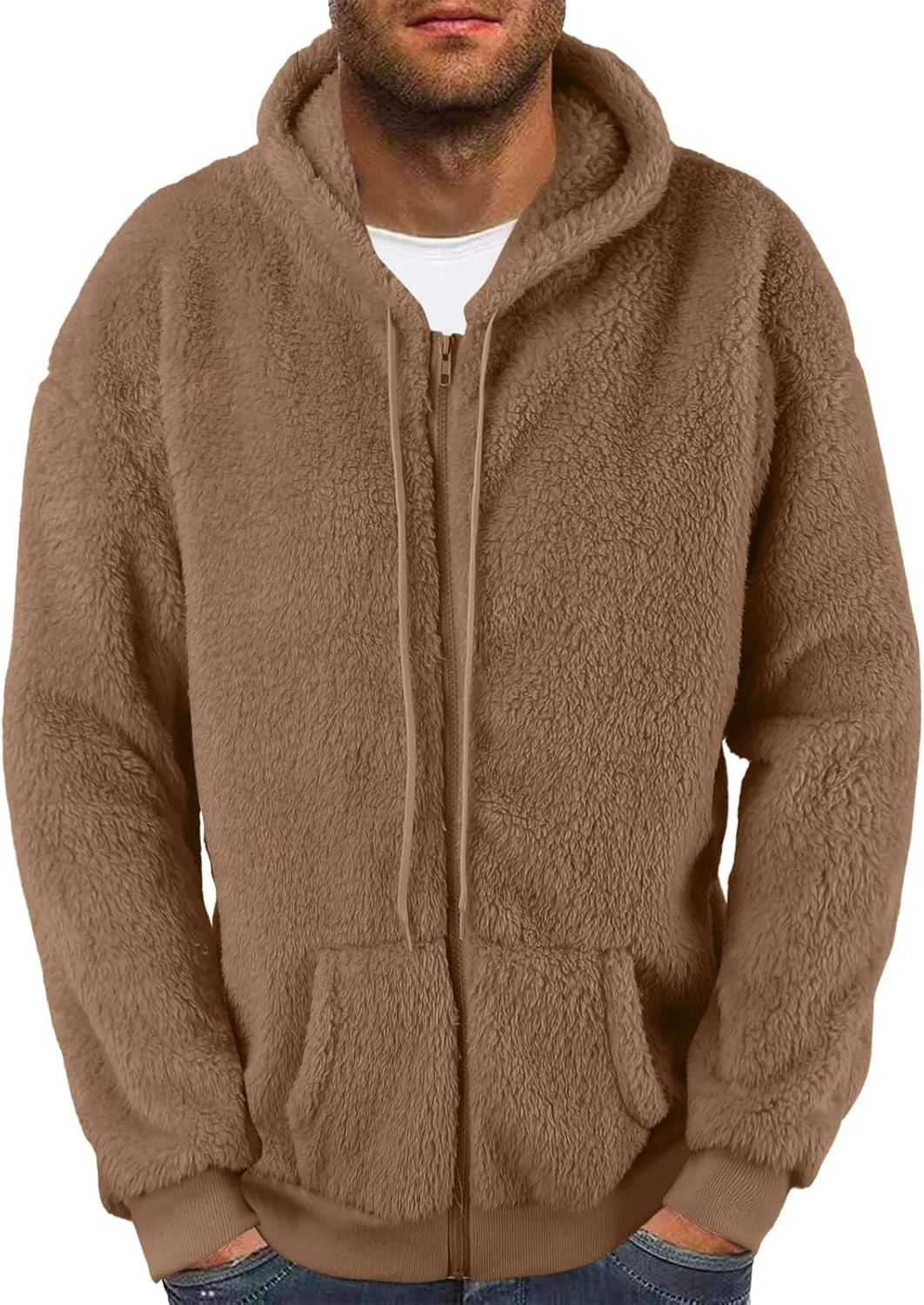 Men's Cashmere Sweaters, Men's Full Zip Fleece Flannel Jackets Shirt Cotton Hoodies Soft Warm Coat for Men with Hood