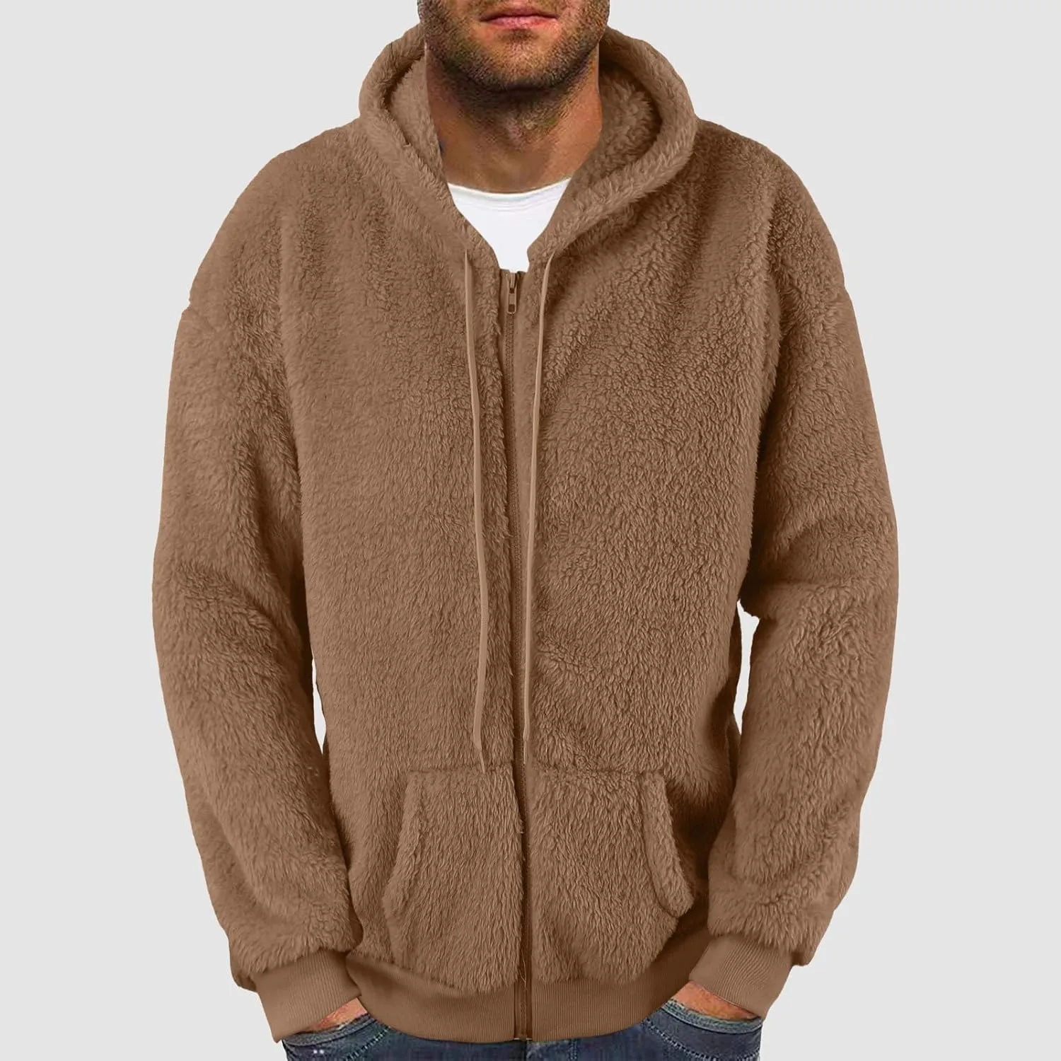 Men's Cashmere Sweaters, Men's Full Zip Fleece Flannel Jackets Shirt Cotton Hoodies Soft Warm Coat for Men with Hood