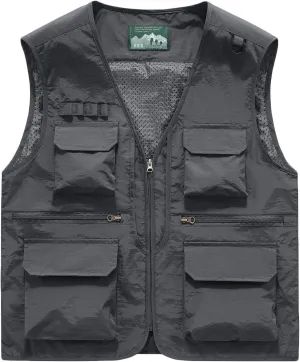 Men's Casual Lightweight Outdoor Vest Fishing Work Utility Safari Travel Photo Cargo Vest Jacket with Multi Pockets