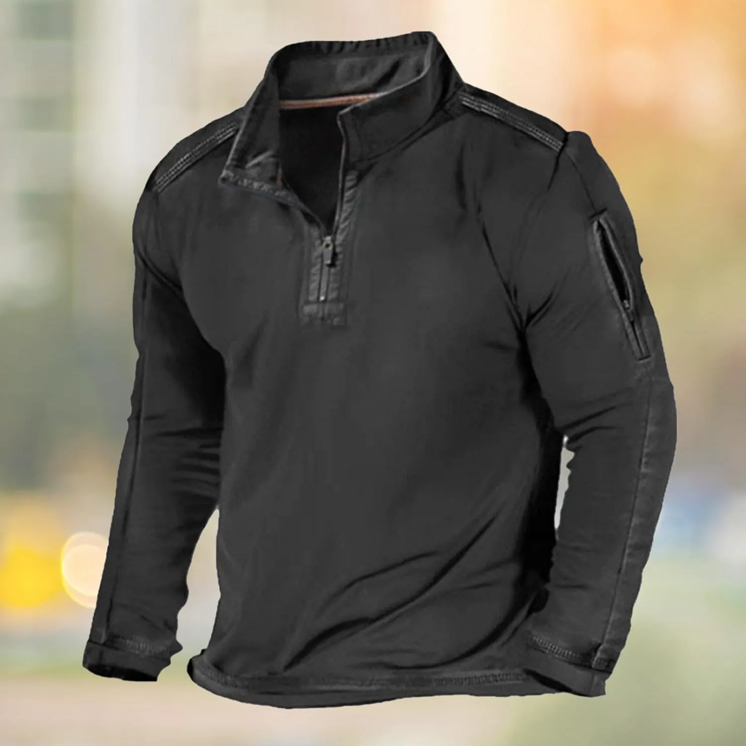 Mens Classic Distressed Military Sweatshirts Quarter-Zip Long Sleeve Tactical Casual Sport Jacket Motocycle Sweaters