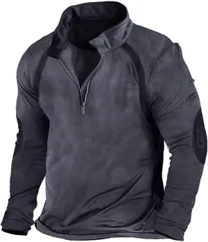 Mens Classic Distressed Military Sweatshirts Quarter-Zip Long Sleeve Tactical Casual Sport Jacket Motocycle Sweaters