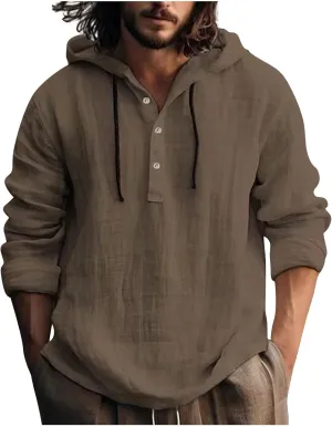 Mens Cotton Linen Hoodie,Long Sleeve Lightweight Breathable Hooded Button Down Shirt Spring Fall Casual Top