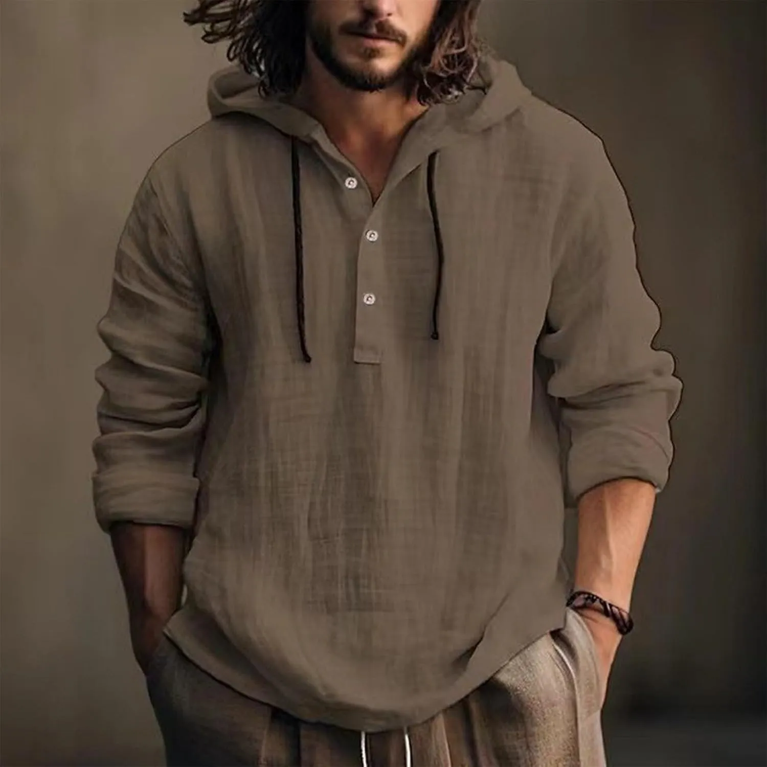 Mens Cotton Linen Hoodie,Long Sleeve Lightweight Breathable Hooded Button Down Shirt Spring Fall Casual Top
