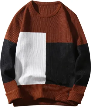 Mens Crewneck Oversized Sweaters Long Sleeve Patchwork Knit Jumper Pullover Stretchy Autumn Fashion Blouse T Shirts