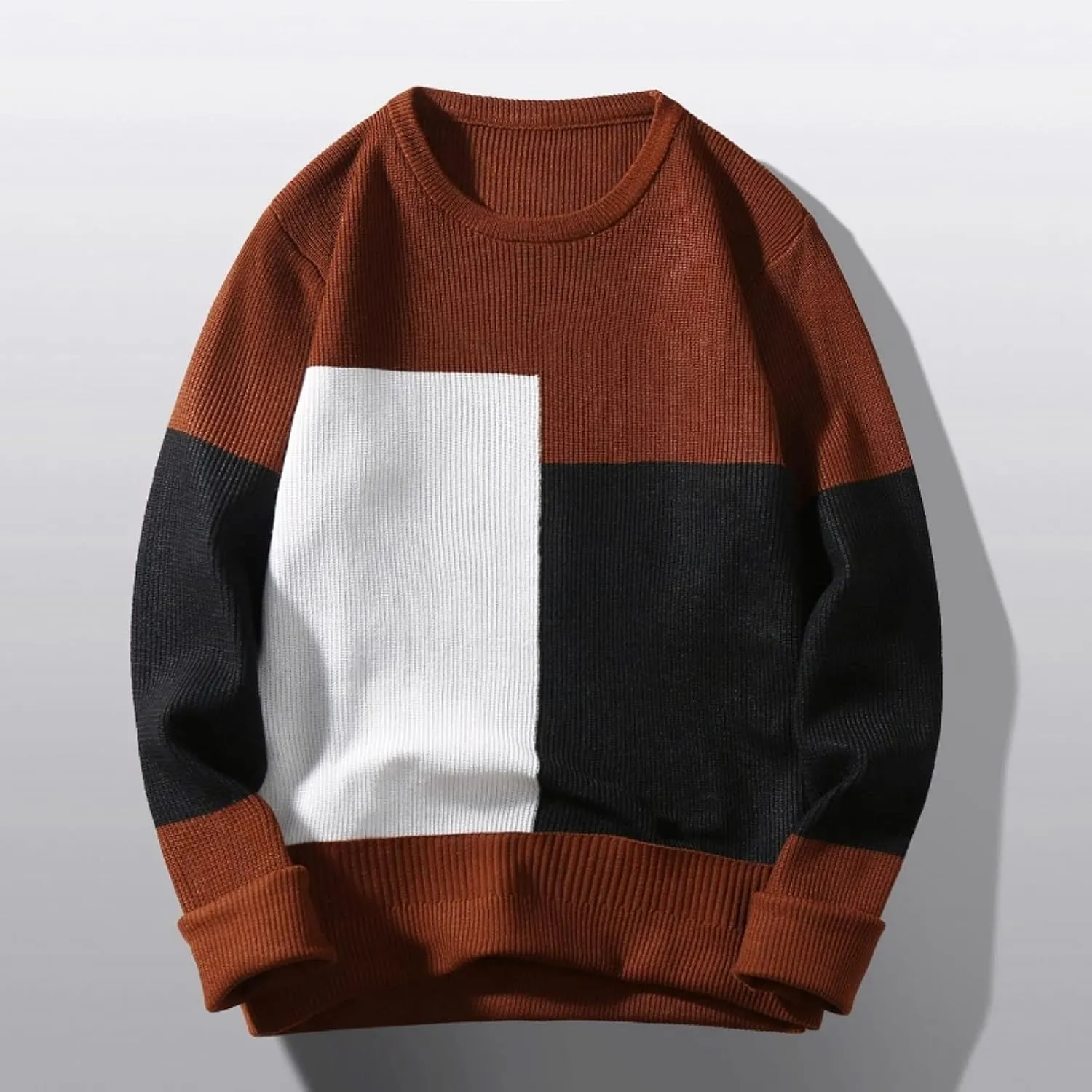 Mens Crewneck Oversized Sweaters Long Sleeve Patchwork Knit Jumper Pullover Stretchy Autumn Fashion Blouse T Shirts