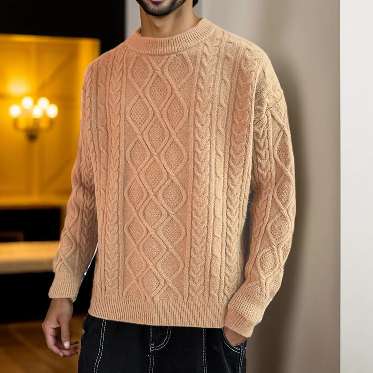Mens Crewneck Sweater Long Sleeve Solid Color Pullover Knitted Twist Textured Tops Ribbed Knitwear Oversize Sweater