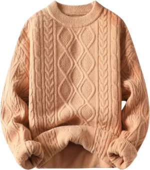 Mens Crewneck Sweater Long Sleeve Solid Color Pullover Knitted Twist Textured Tops Ribbed Knitwear Oversize Sweater