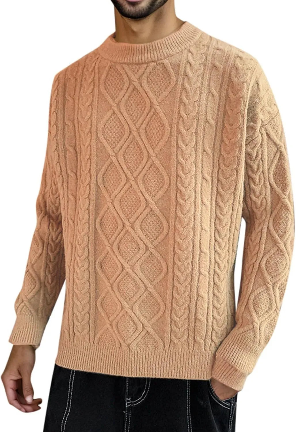 Mens Crewneck Sweater Long Sleeve Solid Color Pullover Knitted Twist Textured Tops Ribbed Knitwear Oversize Sweater