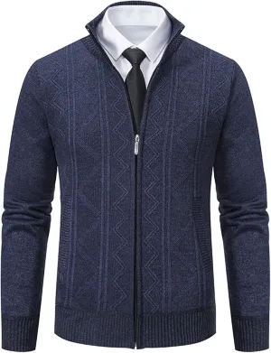 Mens Decent Full Zip Stand Collar Cardigans Business Casual Button Down Cable Knitted Sweater Blazers