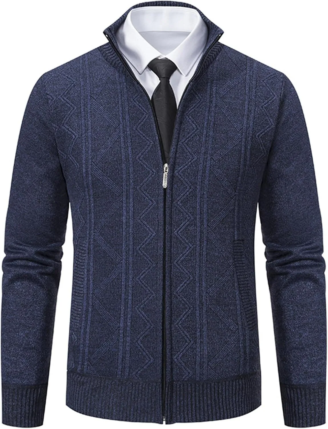Mens Decent Full Zip Stand Collar Cardigans Business Casual Button Down Cable Knitted Sweater Blazers