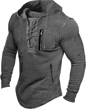 Mens Distressed Gothic Steampunk Hoodies Sweatshirts Outdoor Long Sleeve Lace Up Tactical Sports Hooded Sweatshirts