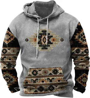 Mens Fashion Hoodies Tops Aztec Ethnic Print Graphic Patchwork Sweatshirts Loose Long Sleeve Pocket Hooded Pullovers