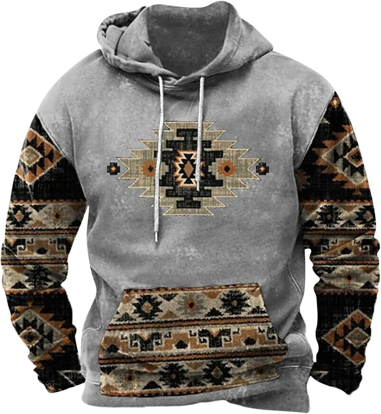 Mens Fashion Hoodies Tops Aztec Ethnic Print Graphic Patchwork Sweatshirts Loose Long Sleeve Pocket Hooded Pullovers