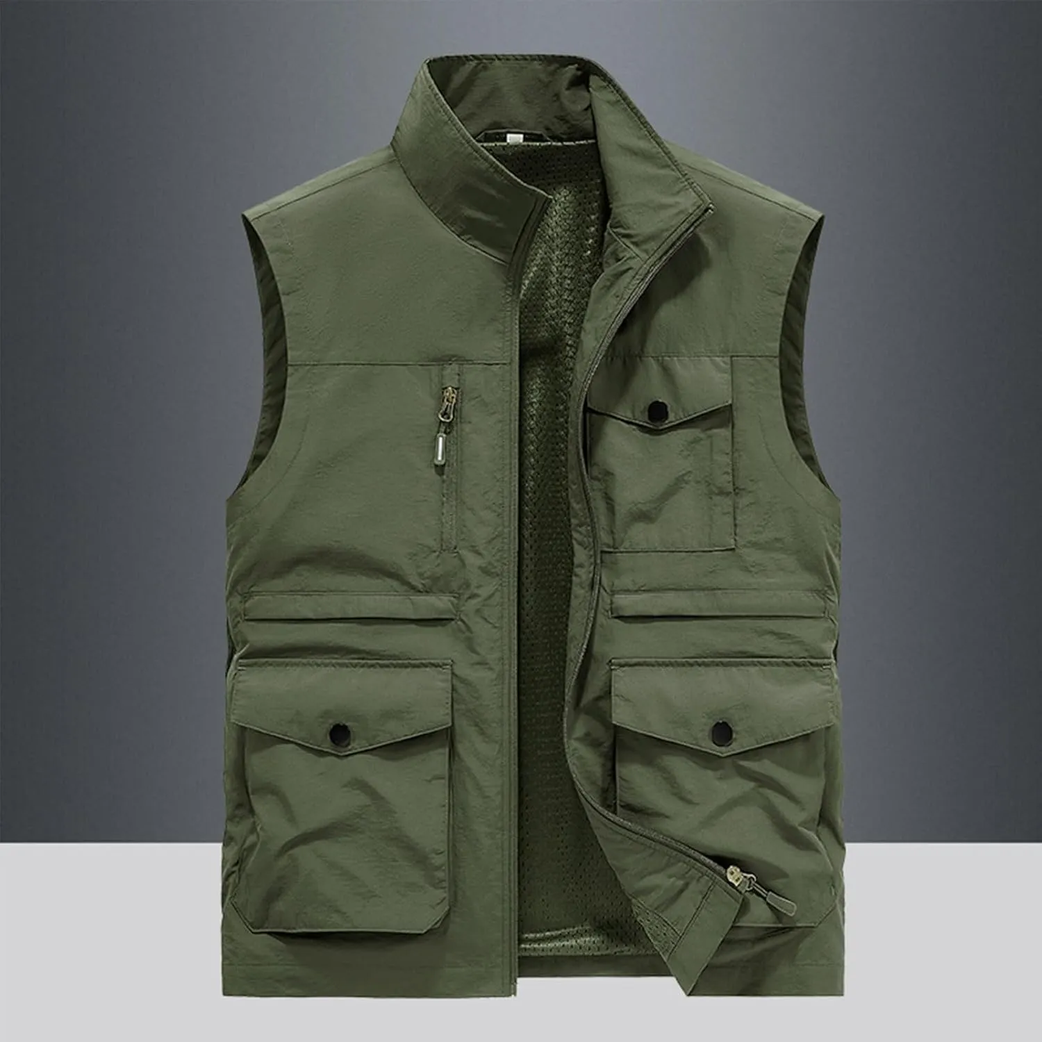 Mens Full-Zip Utility Work Vest Outdoor Sleeveless Softshell Jacket Multi-Pockets Cargo Vest for Fishing Photo Travel