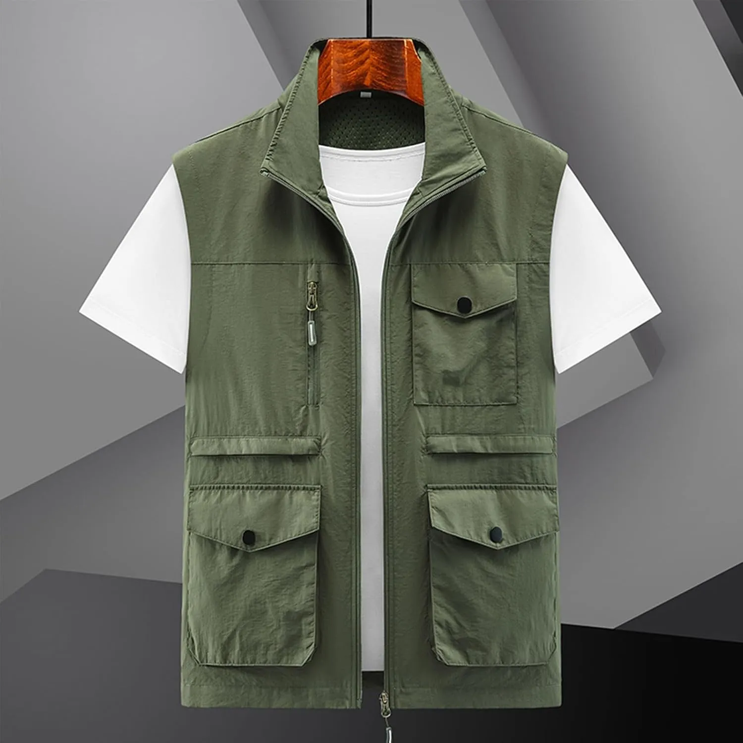 Mens Full-Zip Utility Work Vest Outdoor Sleeveless Softshell Jacket Multi-Pockets Cargo Vest for Fishing Photo Travel