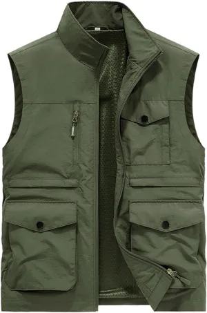 Mens Full-Zip Utility Work Vest Outdoor Sleeveless Softshell Jacket Multi-Pockets Cargo Vest for Fishing Photo Travel