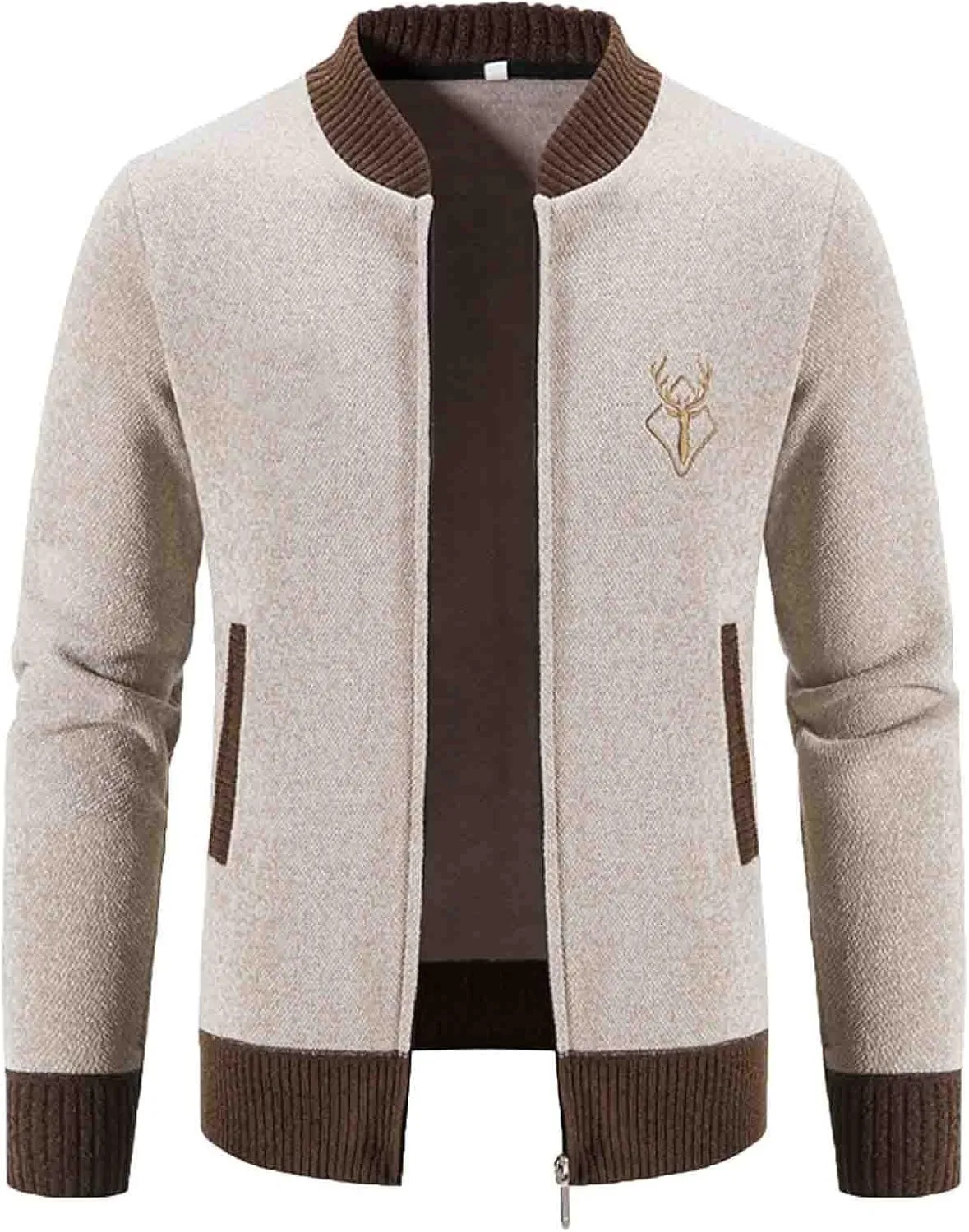 Mens Full Zipper Cardigan Sweater Stand Collar Thick Weave Pullover Thermal Knitted Tops Long Sleeve with Pockets