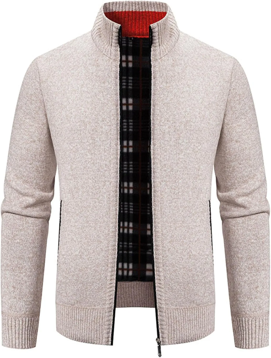Mens Full Zipper Cardigan Sweater Stand Collar Thick Weave Pullover Thermal Knitted Tops Long Sleeve with Pockets