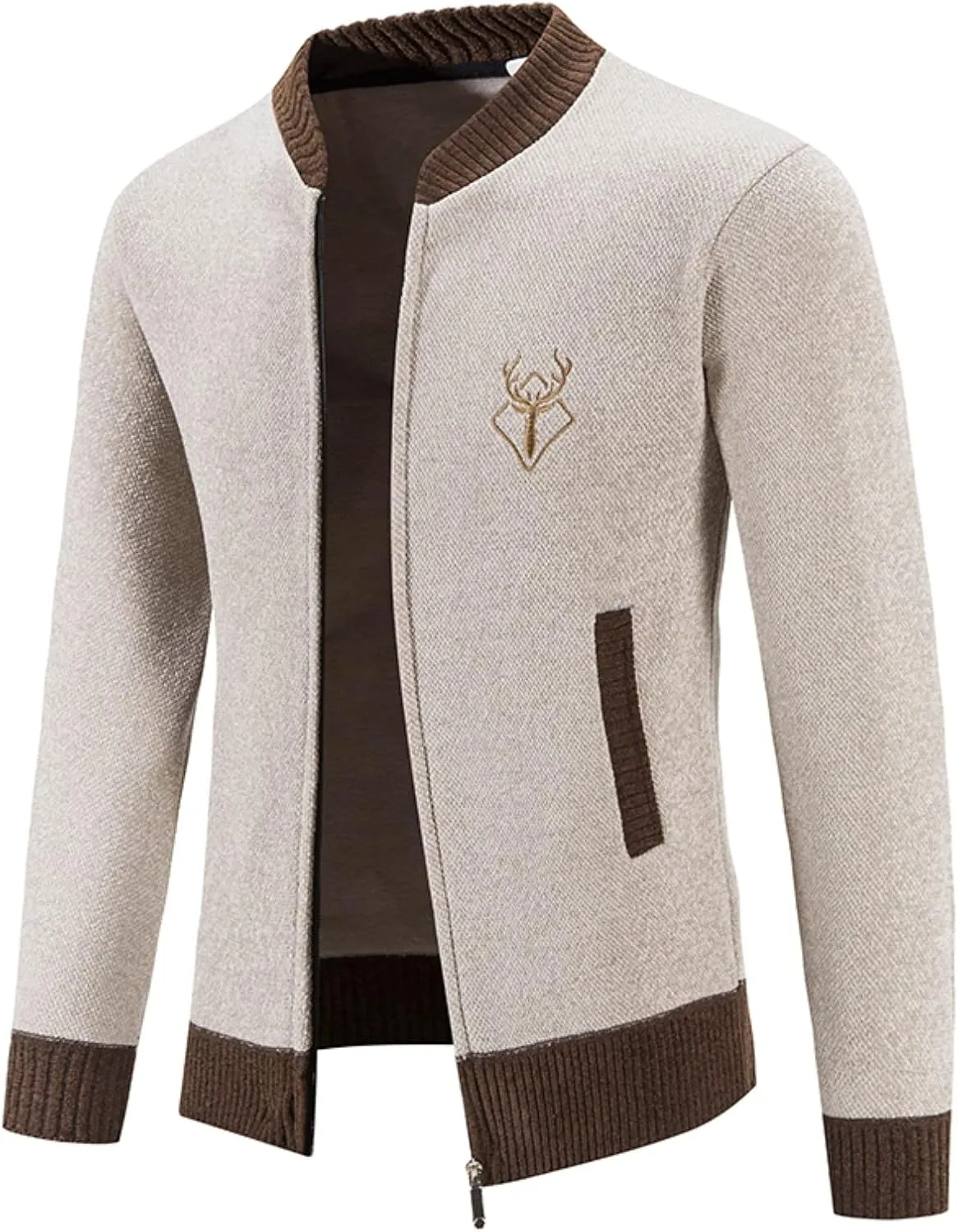 Mens Full Zipper Cardigan Sweater Stand Collar Thick Weave Pullover Thermal Knitted Tops Long Sleeve with Pockets