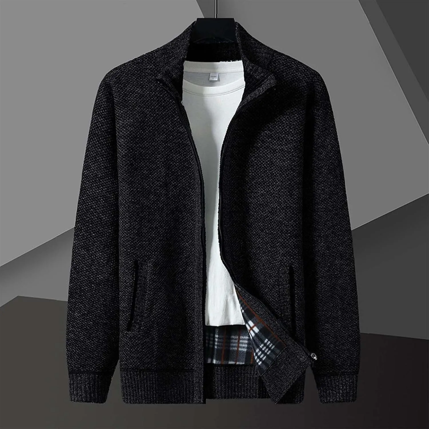 Mens Full Zipper Cardigan Sweater Stand Collar Thick Weave Pullover Thermal Knitted Tops Long Sleeve with Pockets
