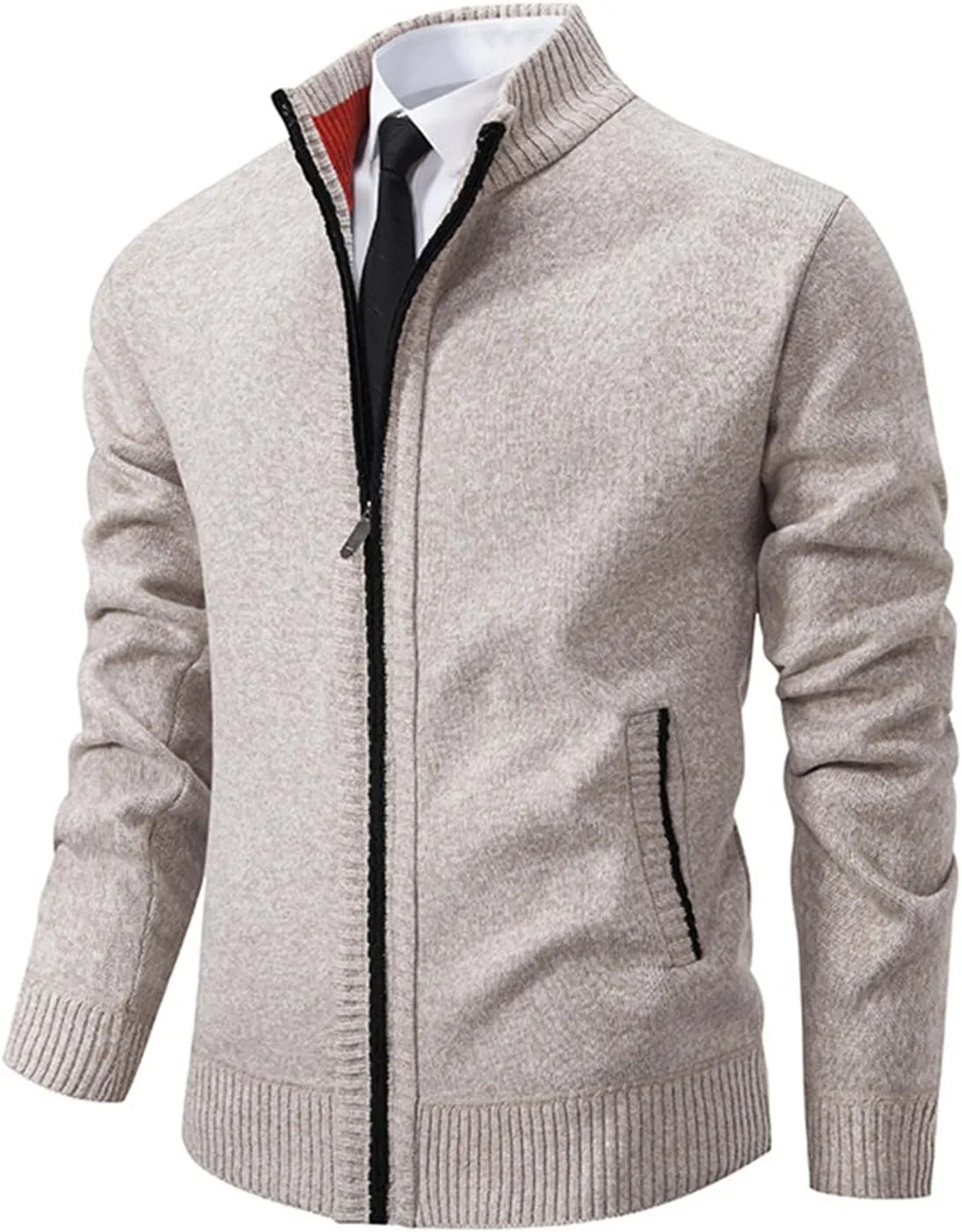 Mens Full Zipper Cardigan Sweater Stand Collar Thick Weave Pullover Thermal Knitted Tops Long Sleeve with Pockets