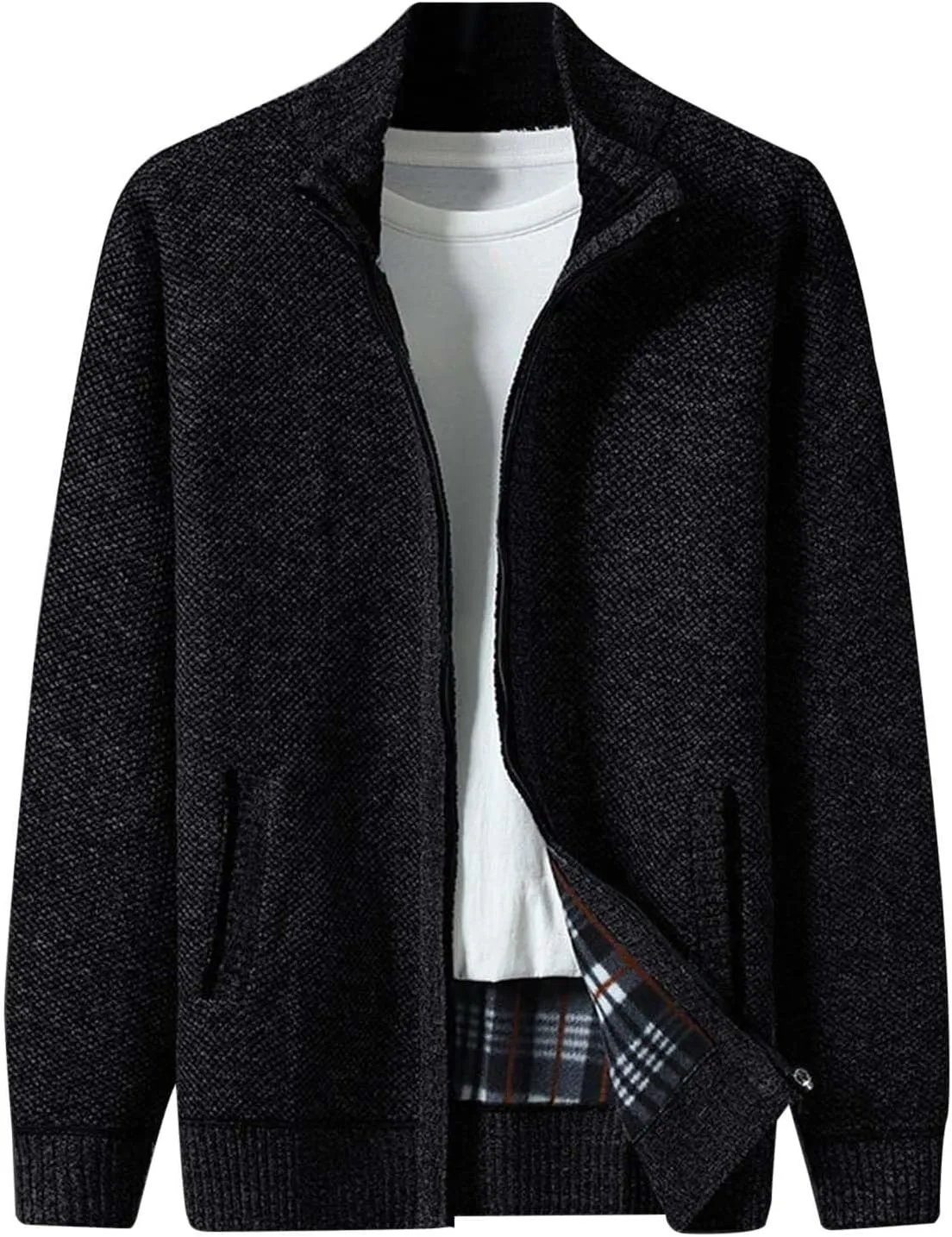 Mens Full Zipper Cardigan Sweater Stand Collar Thick Weave Pullover Thermal Knitted Tops Long Sleeve with Pockets