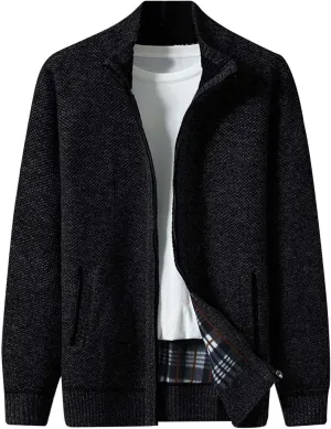 Mens Full Zipper Cardigan Sweater Stand Collar Thick Weave Pullover Thermal Knitted Tops Long Sleeve with Pockets