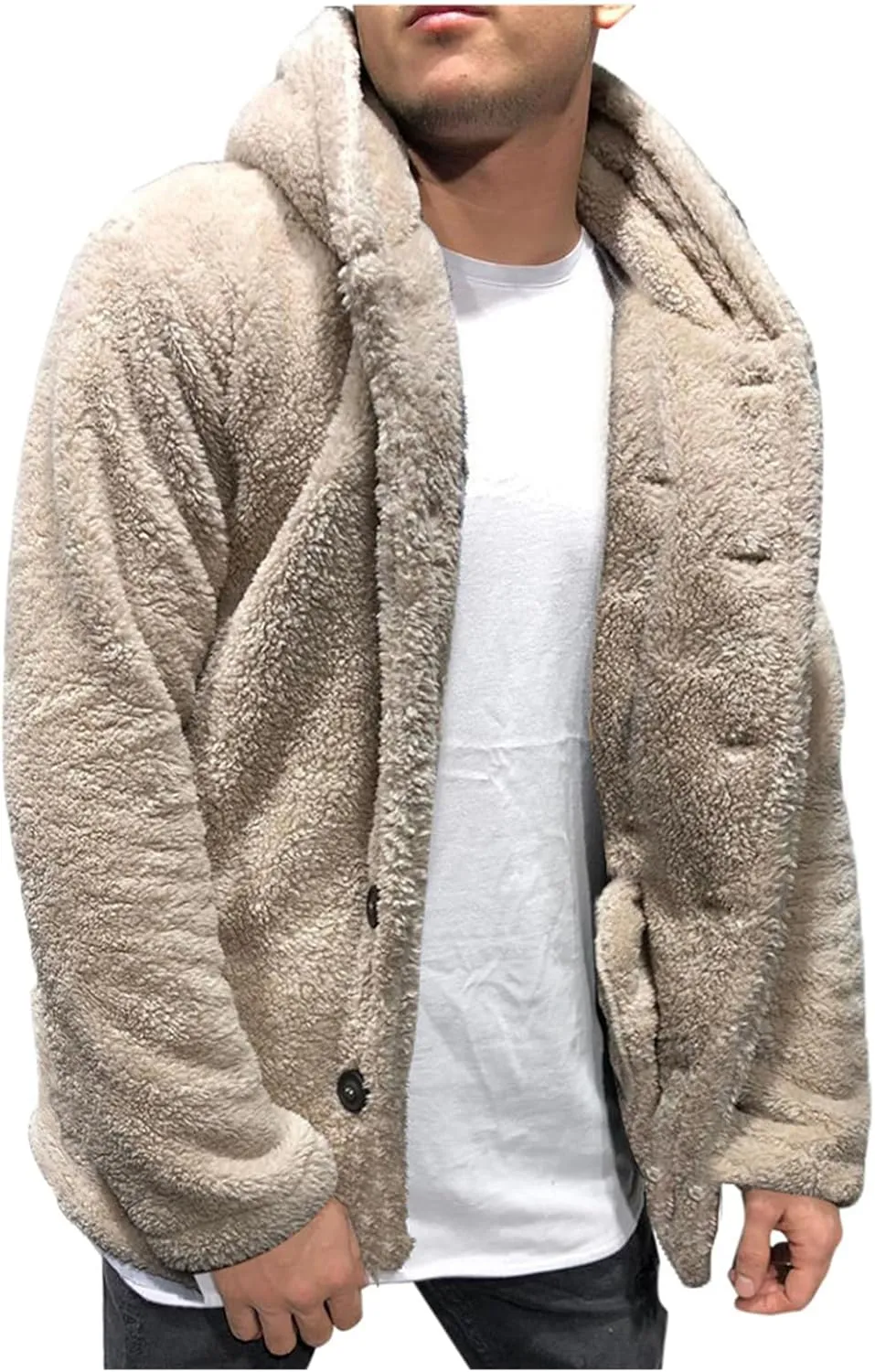 Mens Fuzzy Sherpa Jacket Hoodie Fluffy Fleece Open Front Cardigan Button Down Warm Thick Coats Fall Outwear for Men
