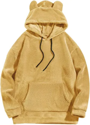 Mens Fuzzy Soft Hoodies Solid Color Homewear Coral Fleece Sweatshirts Winter Warm Funny Bear Ears Pullover Long Sleeve