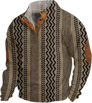 Mens Henley Sweatshirts Elbow Patches Thermal Button Loose Fit Pullover Fall Long Sleeve Casual Print Sweaters