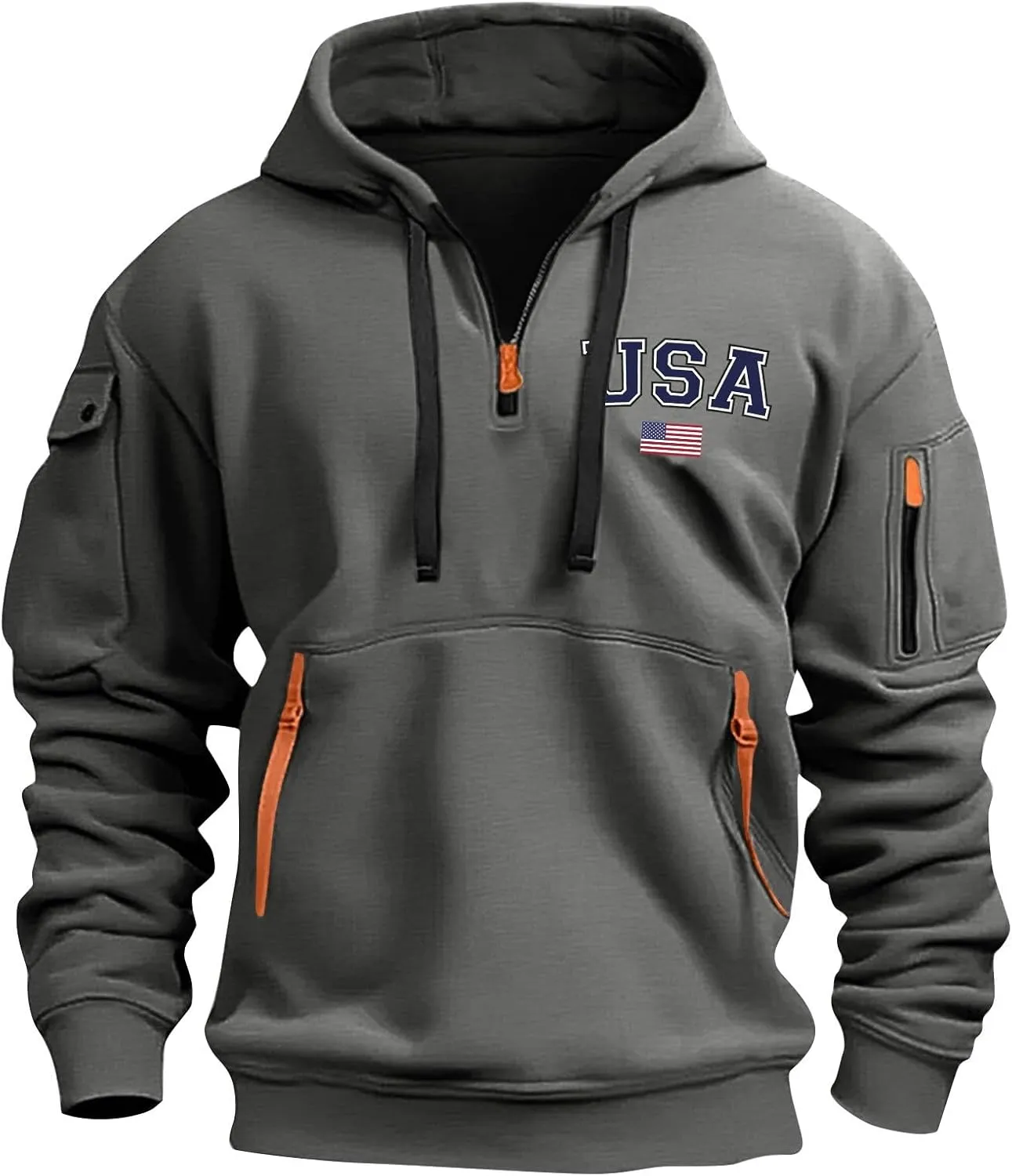 Mens Hoodies Pullover Quarter Zip American Flag Usa Printed Long Sleeve Drawstring Tactical Sweatshirts With Pockets