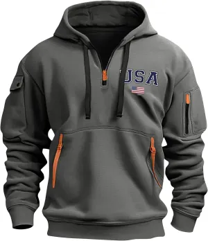 Mens Hoodies Pullover Quarter Zip American Flag Usa Printed Long Sleeve Drawstring Tactical Sweatshirts With Pockets