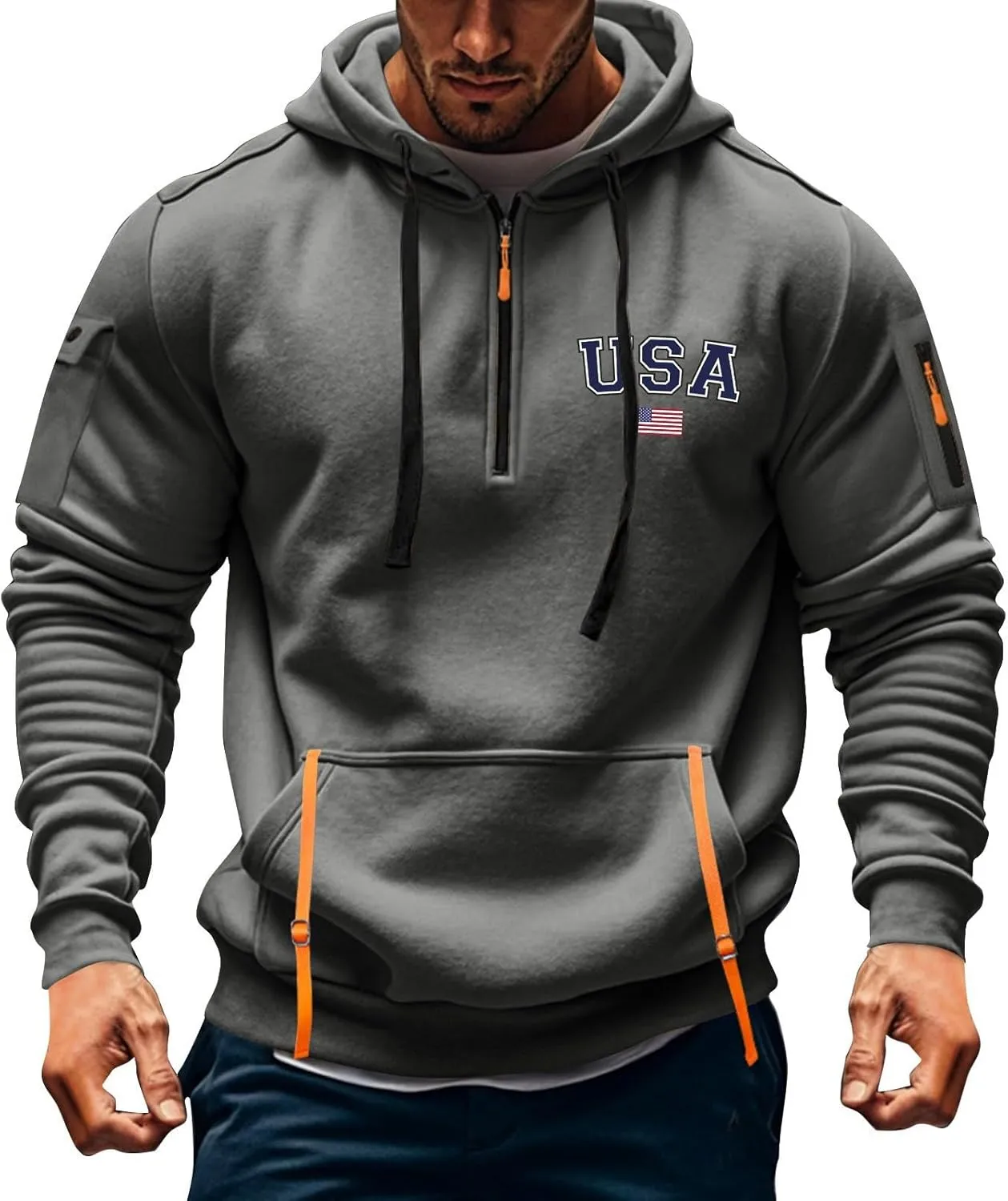 Mens Hoodies Pullover Quarter Zip American Flag Usa Printed Long Sleeve Drawstring Tactical Sweatshirts With Pockets