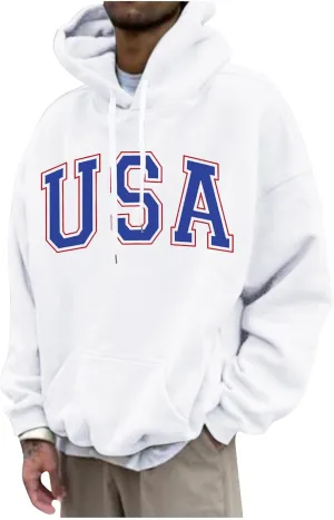 Men's Letter Graphic Print Hoodie Casual Long Sleeve Pullover Oversize New York Sweatshirt Pocket Drawstring Top