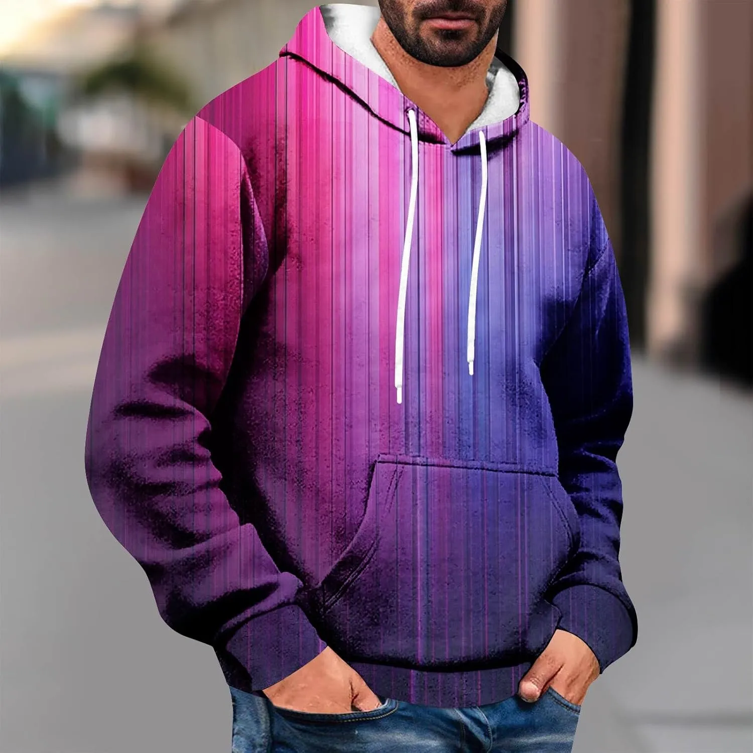 Men's Loose Long Sleeve Hoodies Sweatshirt Gradient Printed Hooded Sweatshirts Pocket Fall Winter Warm Pullover Tops