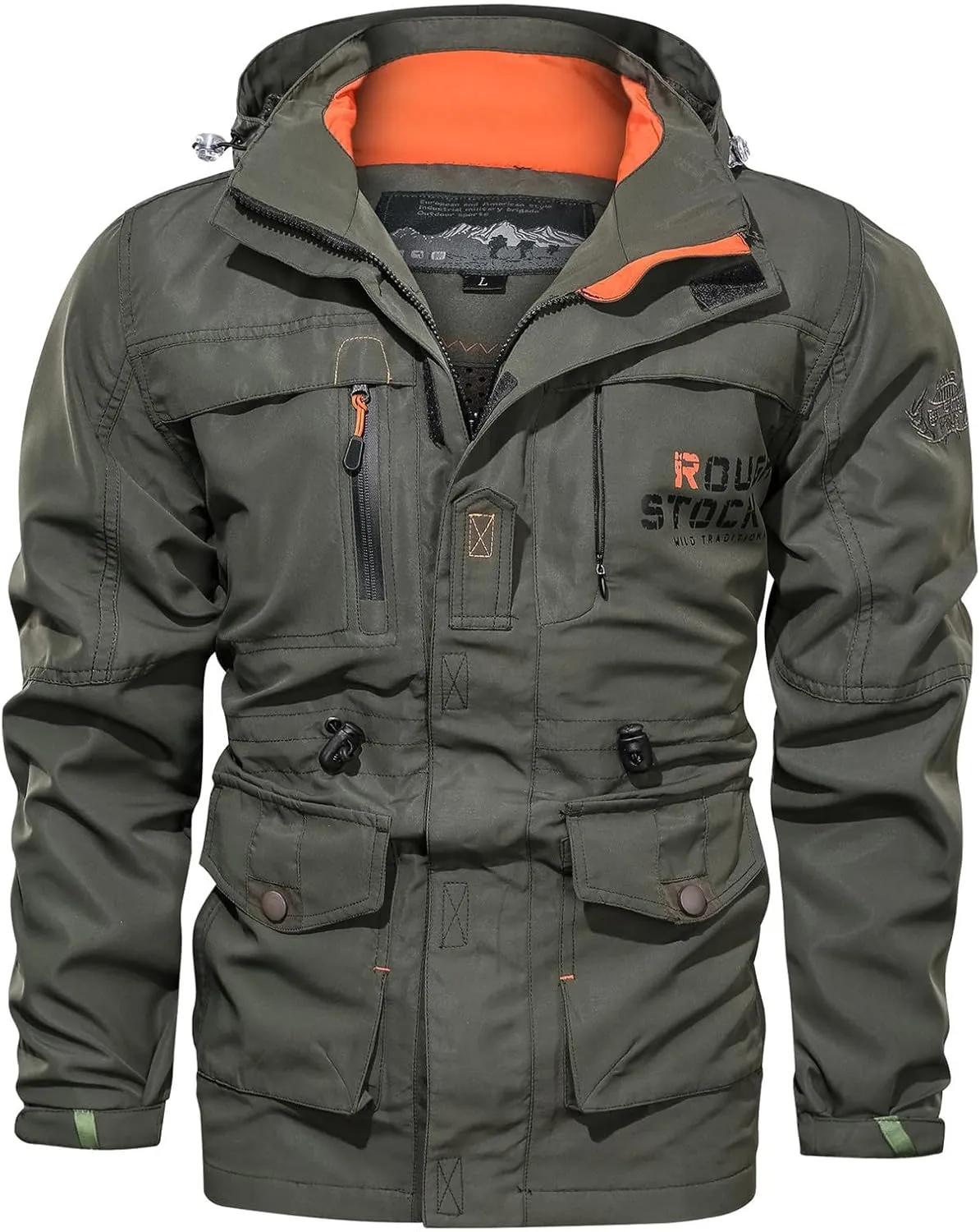 Men's Outdoor Military Jacket Utility Mid-Long Hooded Lightweight Windbreaker Work Jackets Outwear with Multi Pockets