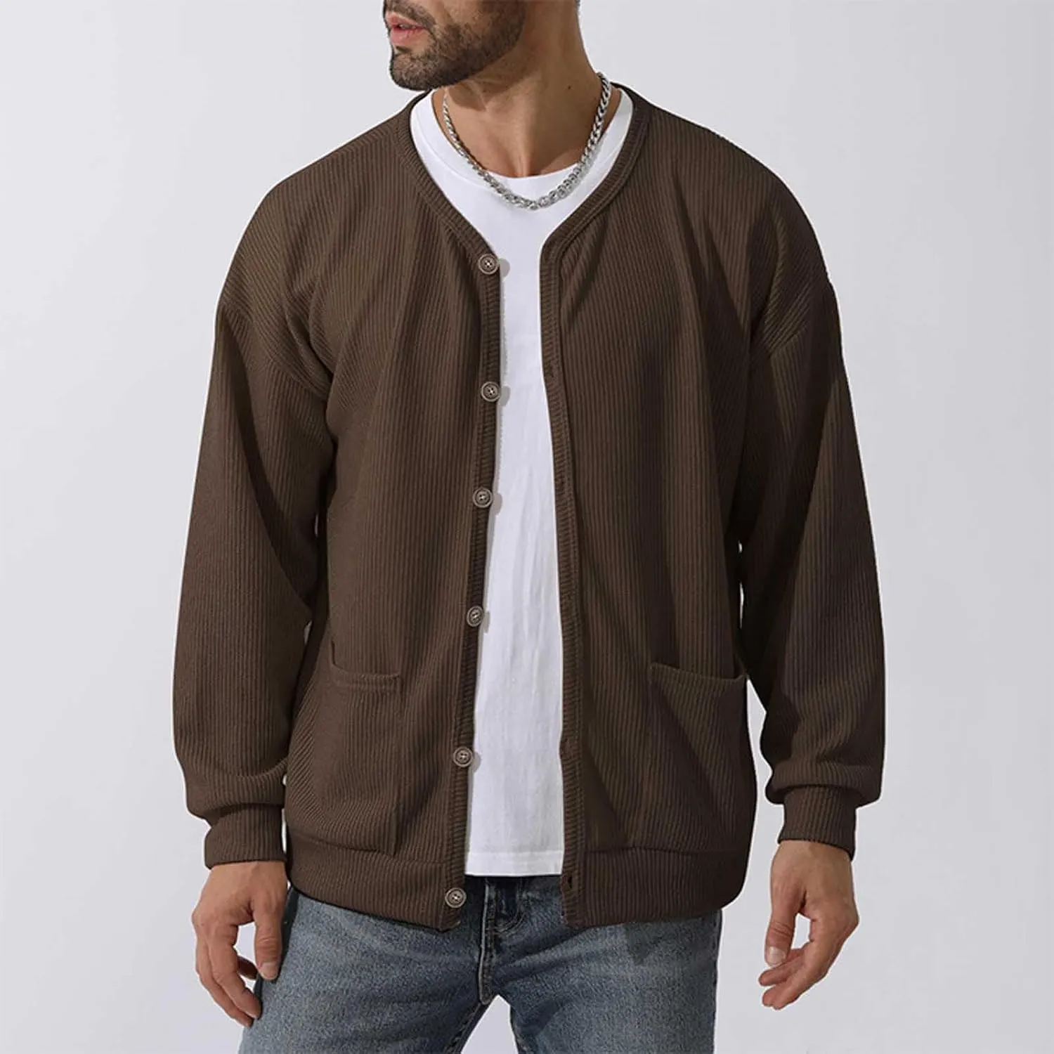 Men's Oversized Sweatshirts Long Sleeve Button Down Knitted Casual Blouses Tops Comfy Soft Sweaters Cardigans with Pockets