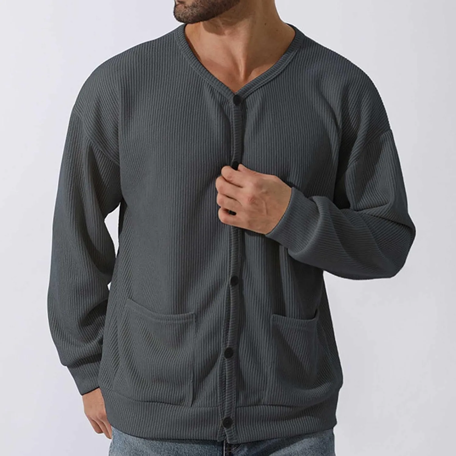 Men's Oversized Sweatshirts Long Sleeve Button Down Knitted Casual Blouses Tops Comfy Soft Sweaters Cardigans with Pockets