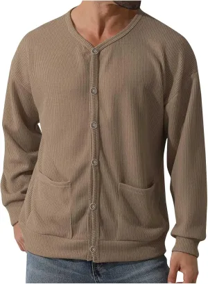 Men's Oversized Sweatshirts Long Sleeve Button Down Knitted Casual Blouses Tops Comfy Soft Sweaters Cardigans with Pockets