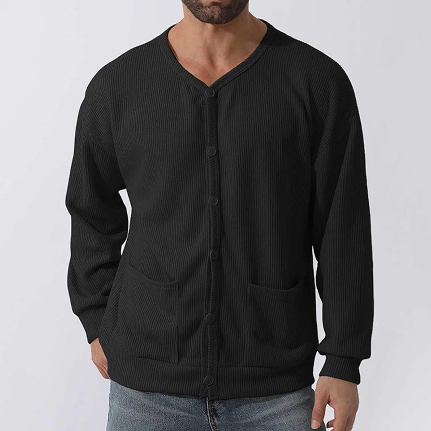 Men's Oversized Sweatshirts Long Sleeve Button Down Knitted Casual Blouses Tops Comfy Soft Sweaters Cardigans with Pockets
