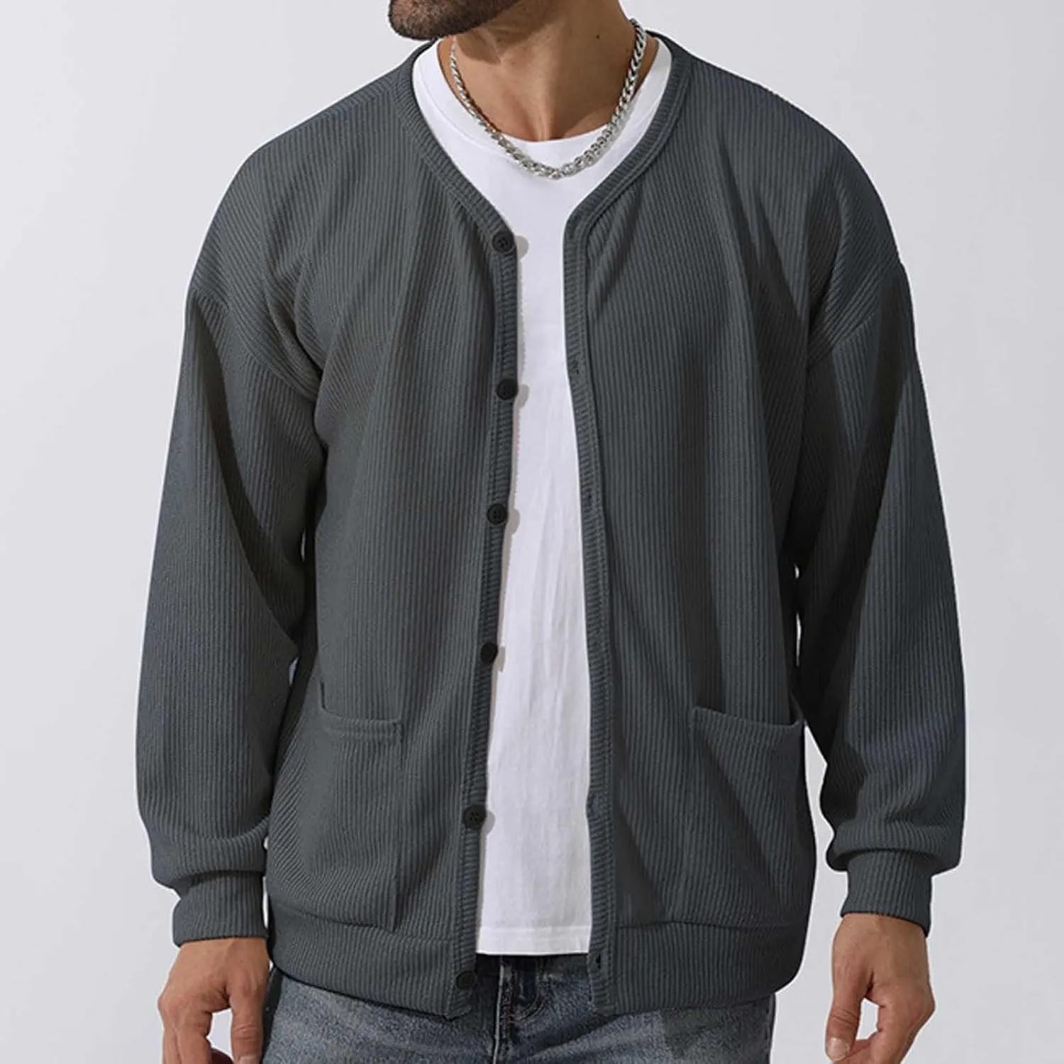 Men's Oversized Sweatshirts Long Sleeve Button Down Knitted Casual Blouses Tops Comfy Soft Sweaters Cardigans with Pockets