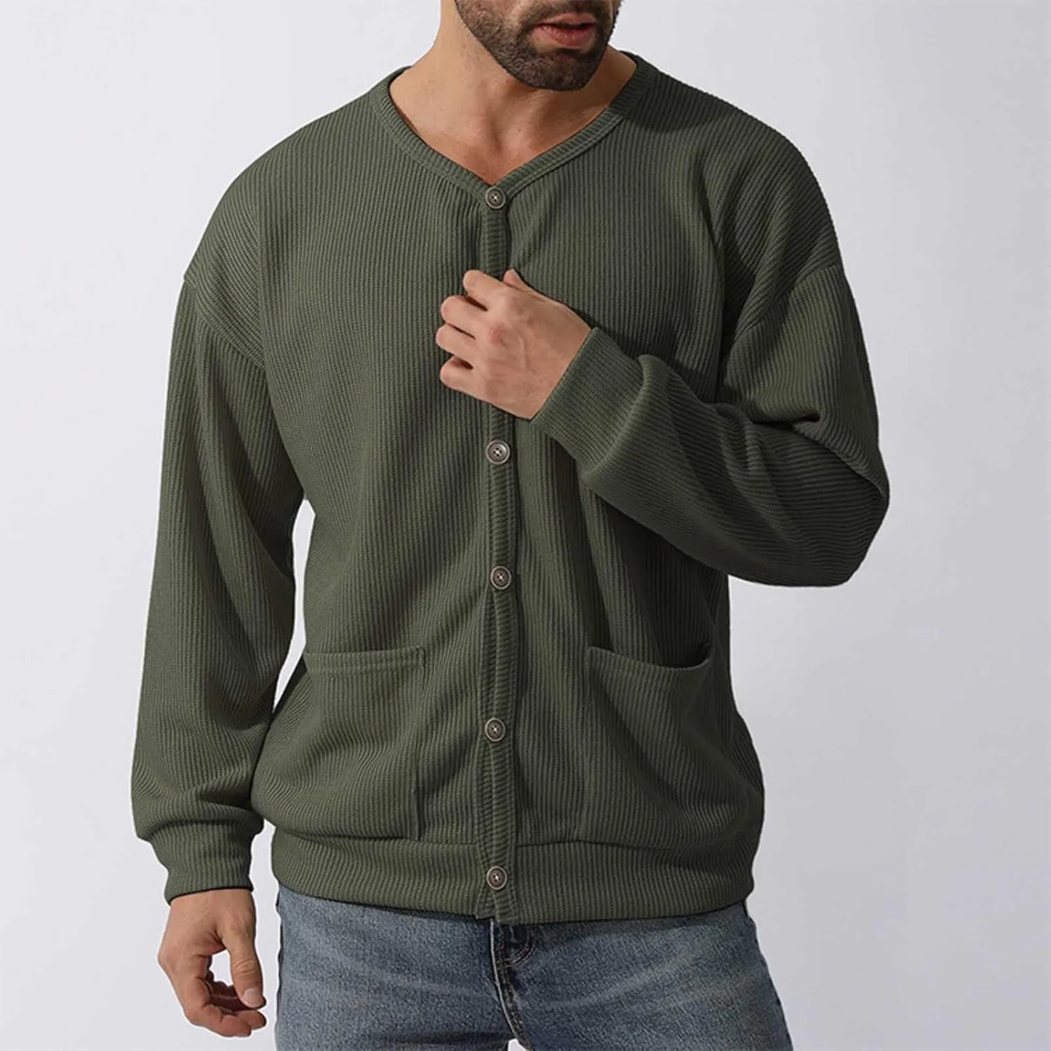 Men's Oversized Sweatshirts Long Sleeve Button Down Knitted Casual Blouses Tops Comfy Soft Sweaters Cardigans with Pockets