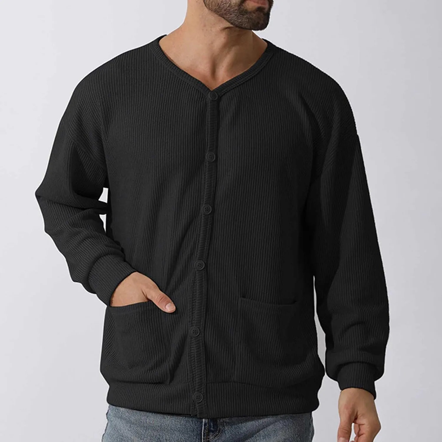 Men's Oversized Sweatshirts Long Sleeve Button Down Knitted Casual Blouses Tops Comfy Soft Sweaters Cardigans with Pockets